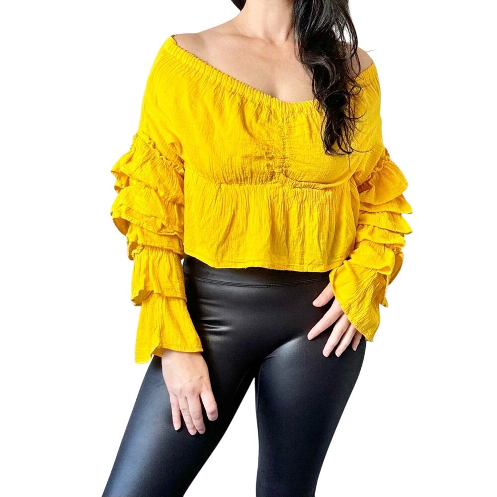 Vintage 90s Y2K Cha Cha Ruffled Bright Yellow Cropped Blouse Size XL